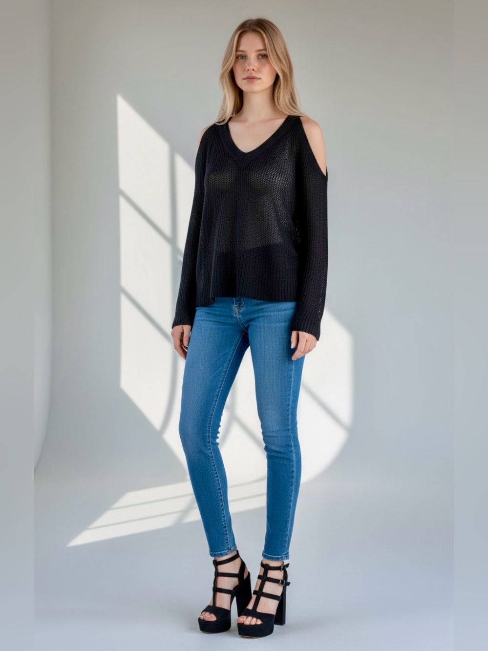 Black Open Knit Cold Shoulder V Neck Sweater | Goth Grunge Alt Girl | M L